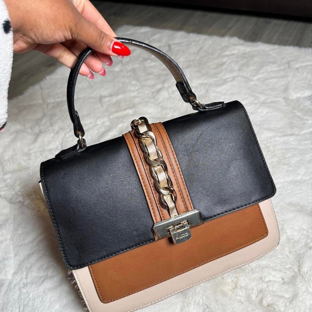 Aldo Colorblock Handbag Black Beige Tan Gold Chain Satchel Top Handle Bag